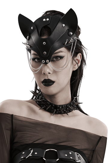 Stylish Fox Mask in Faux Leather with Studs and Chains